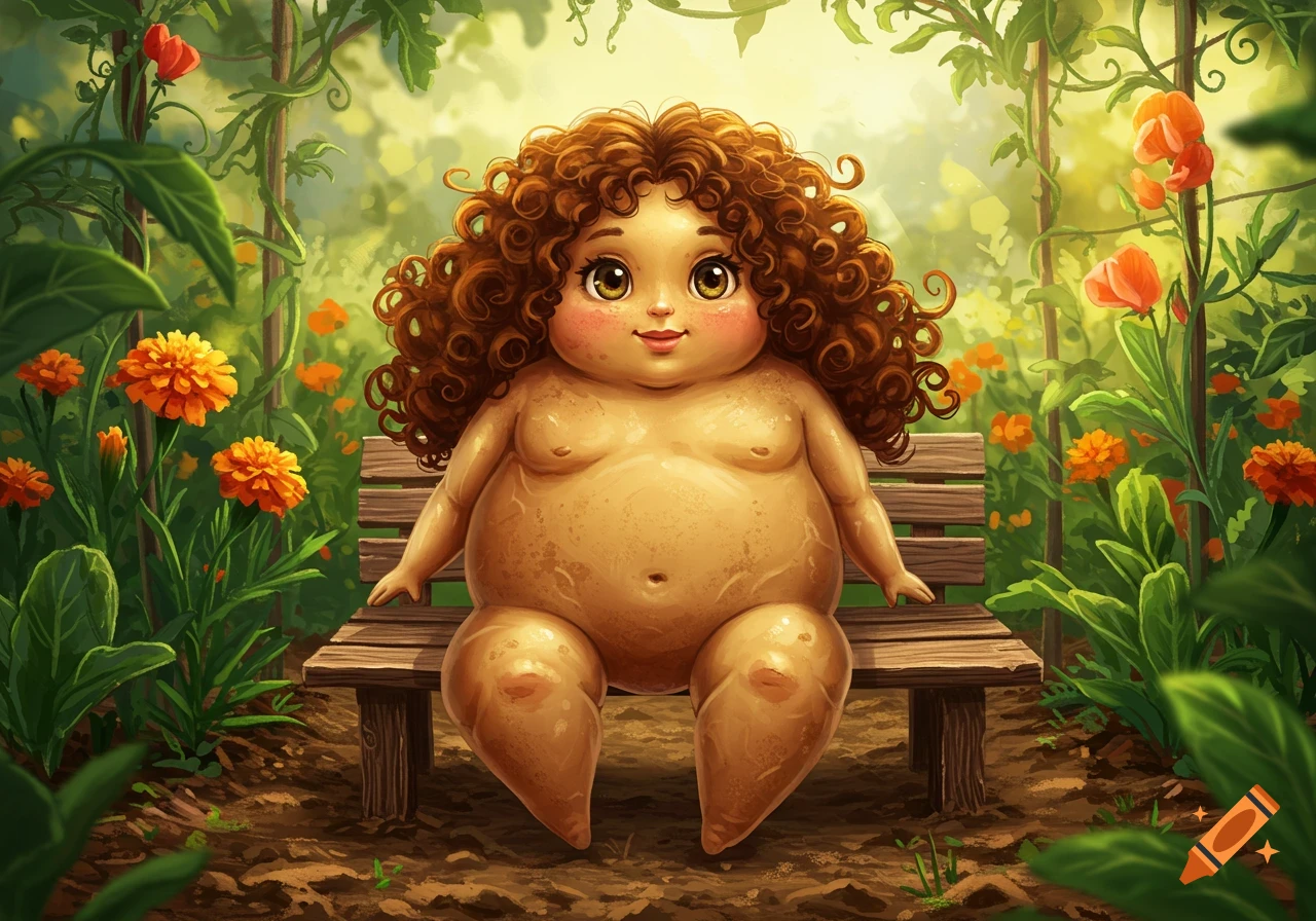 A cute, plump potato-person with curly brown hair sits on a wooden bench in a vibrant garden filled with orange flowers.