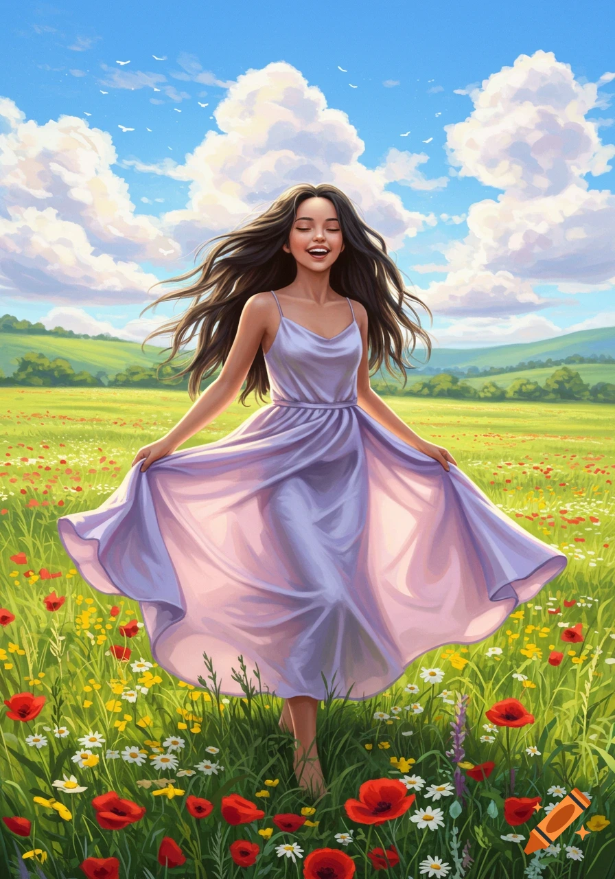 A smiling young woman in a lavender dress runs through a field of red poppies and wildflowers under a blue sky, illustrative style.
