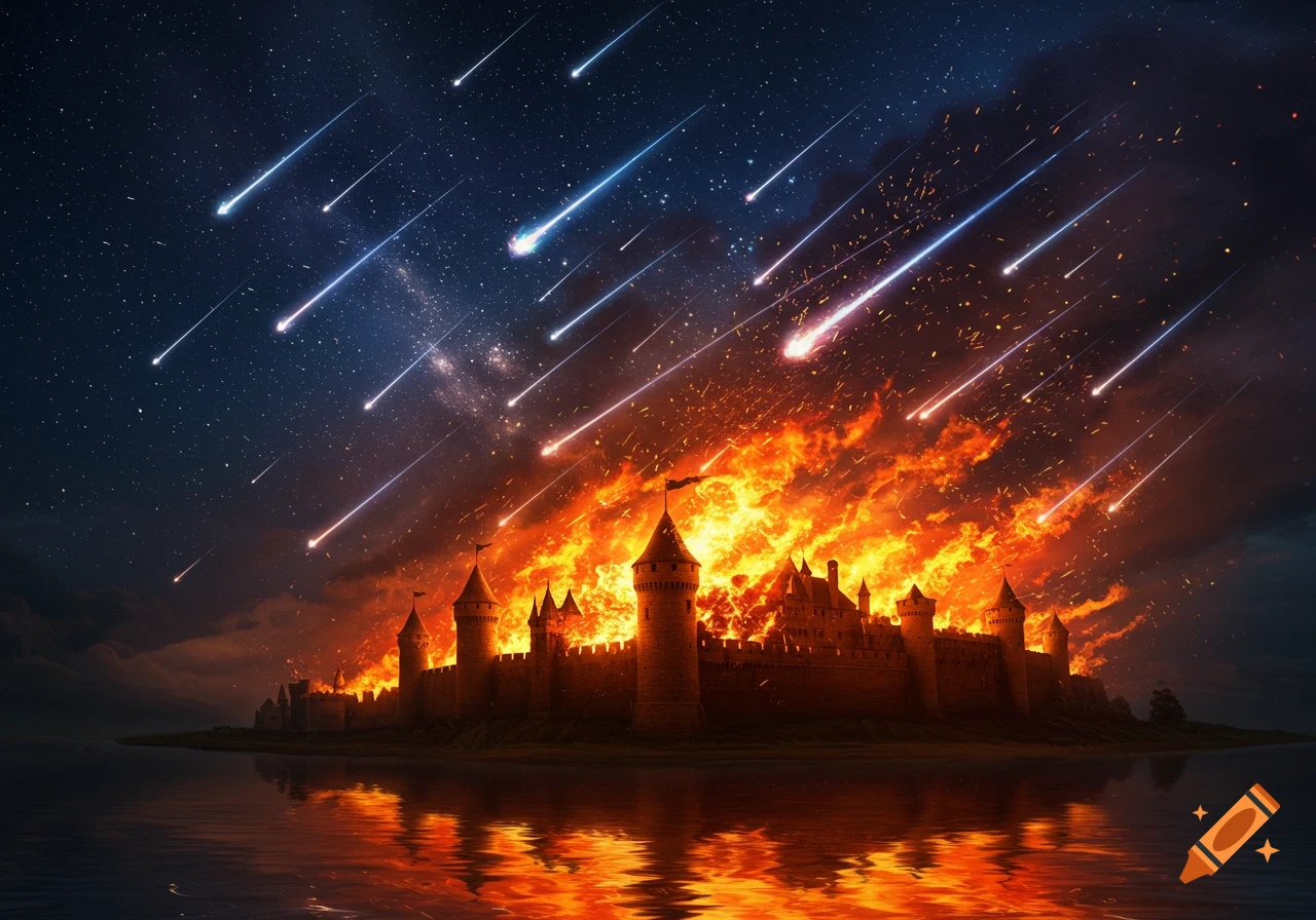 A medieval castle engulfed in flames with meteors streaking across a starry night sky, reflected in the water.