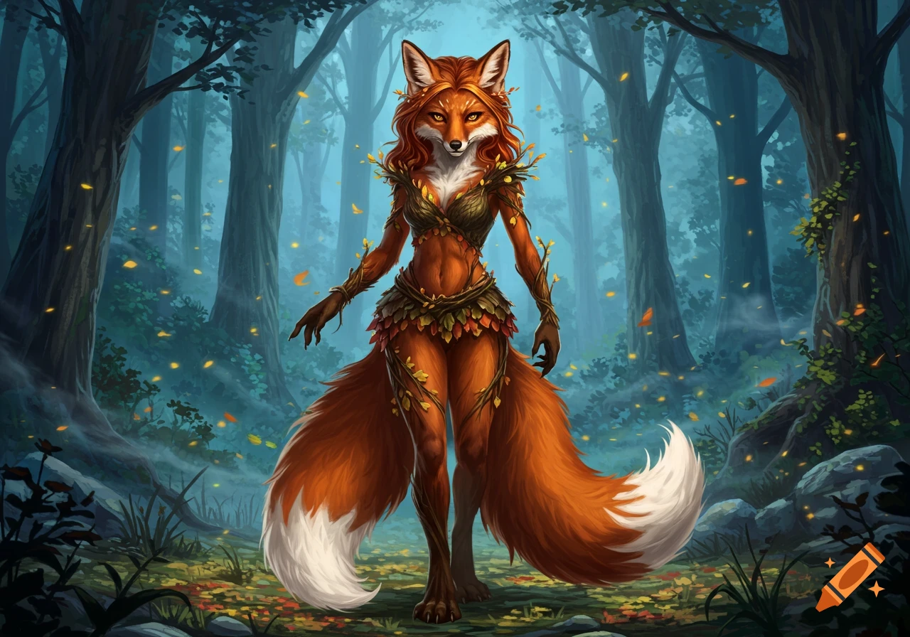 A humanoid fox woman with orange fur and two large bushy tails, wearing leaf and vine attire, stands in a mystical forest.
