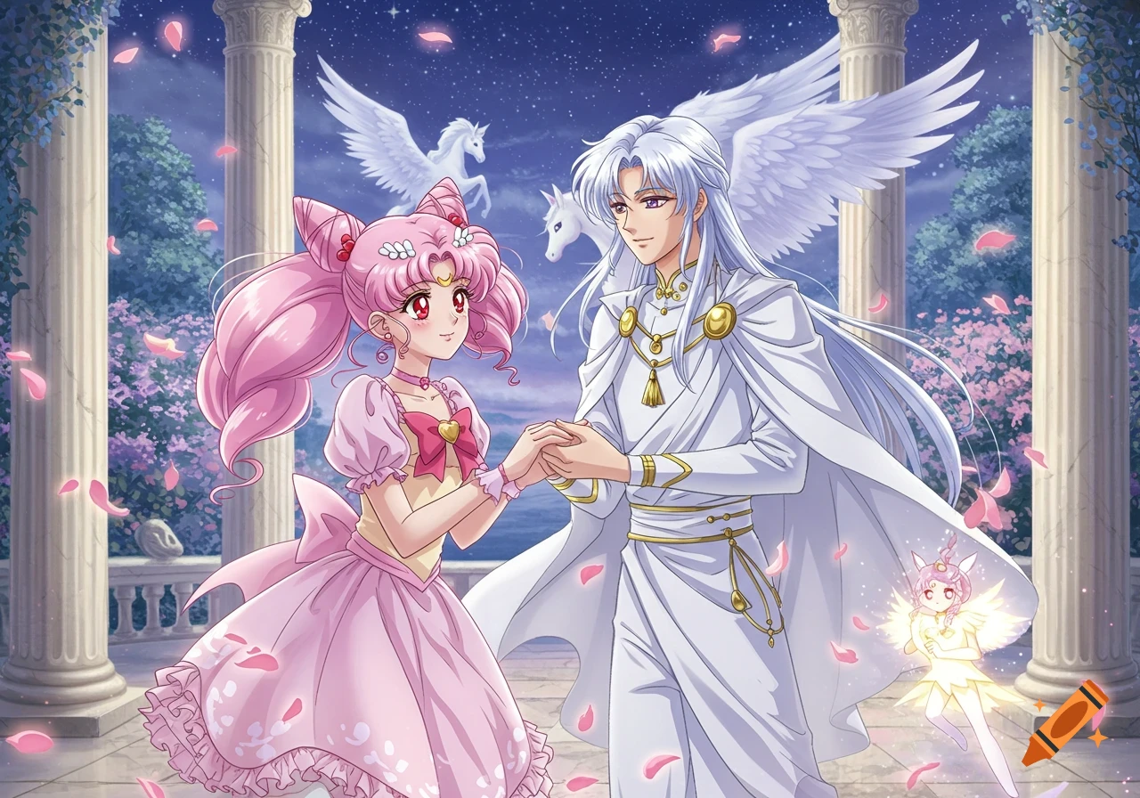 Anime illustration of Chibiusa and Helios holding hands in a celestial garden with Pegasus under a starry night sky.