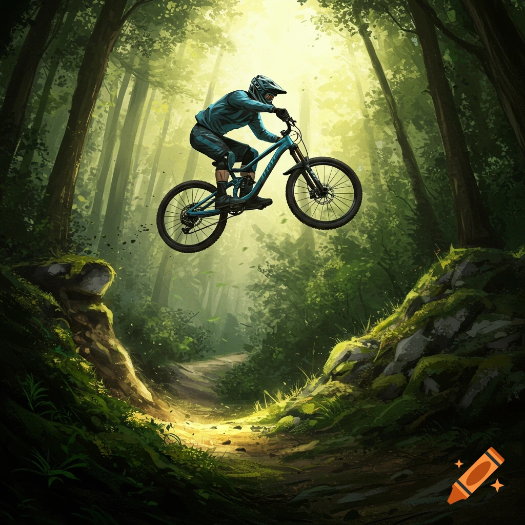 An illustrated mountain biker jumps a bike through a sunny forest trail.