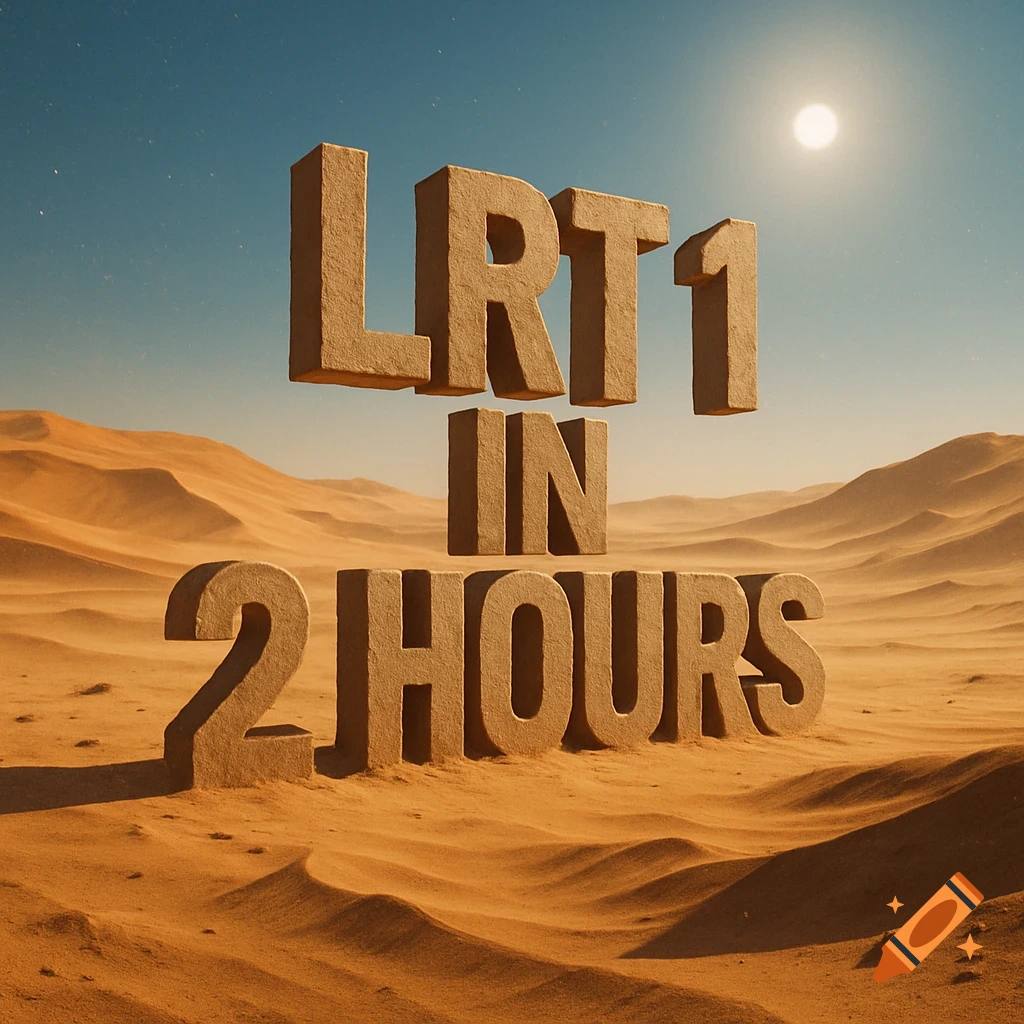 Large 3D sand-colored text reading 'LRT 1 IN 2 HOURS' stands in a vast, sunny desert landscape.