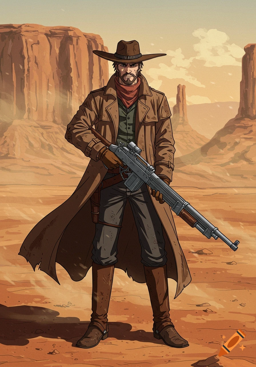 Anime style cowboy in a hat and trench coat holding a large rifle in a desert landscape.