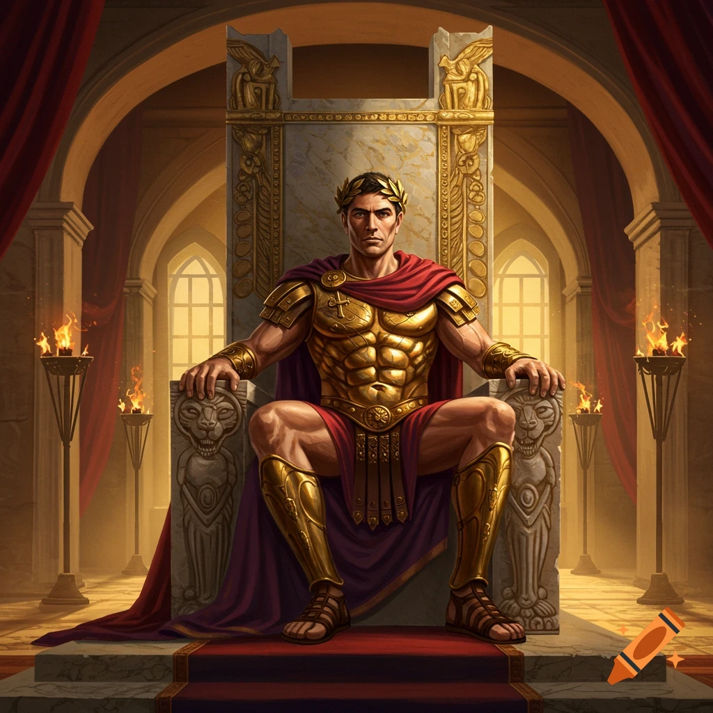 A formidable Roman emperor in golden muscle armor and red cape sits on an ornate stone throne in a grand hall, wearing a laurel wreath.