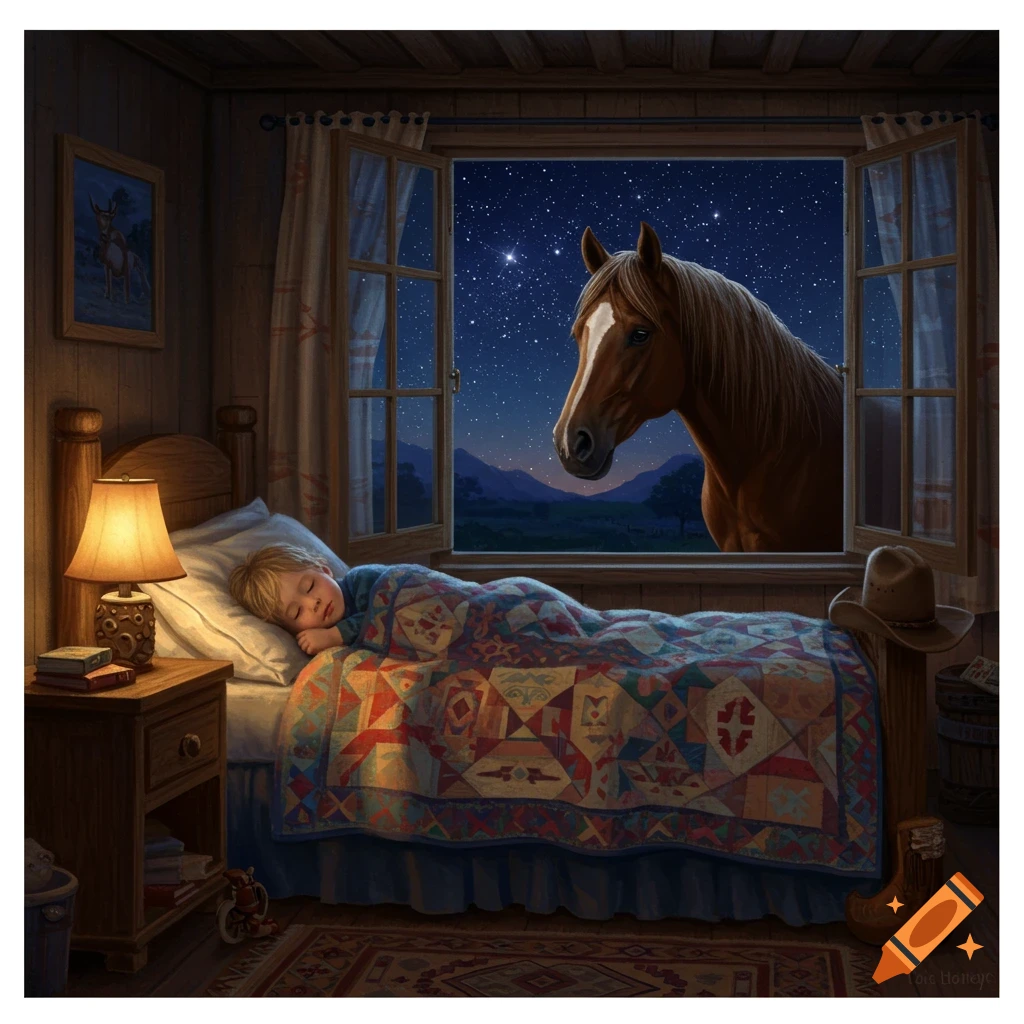 A child sleeps under a western quilt as a horse looks through a window at a starry night.