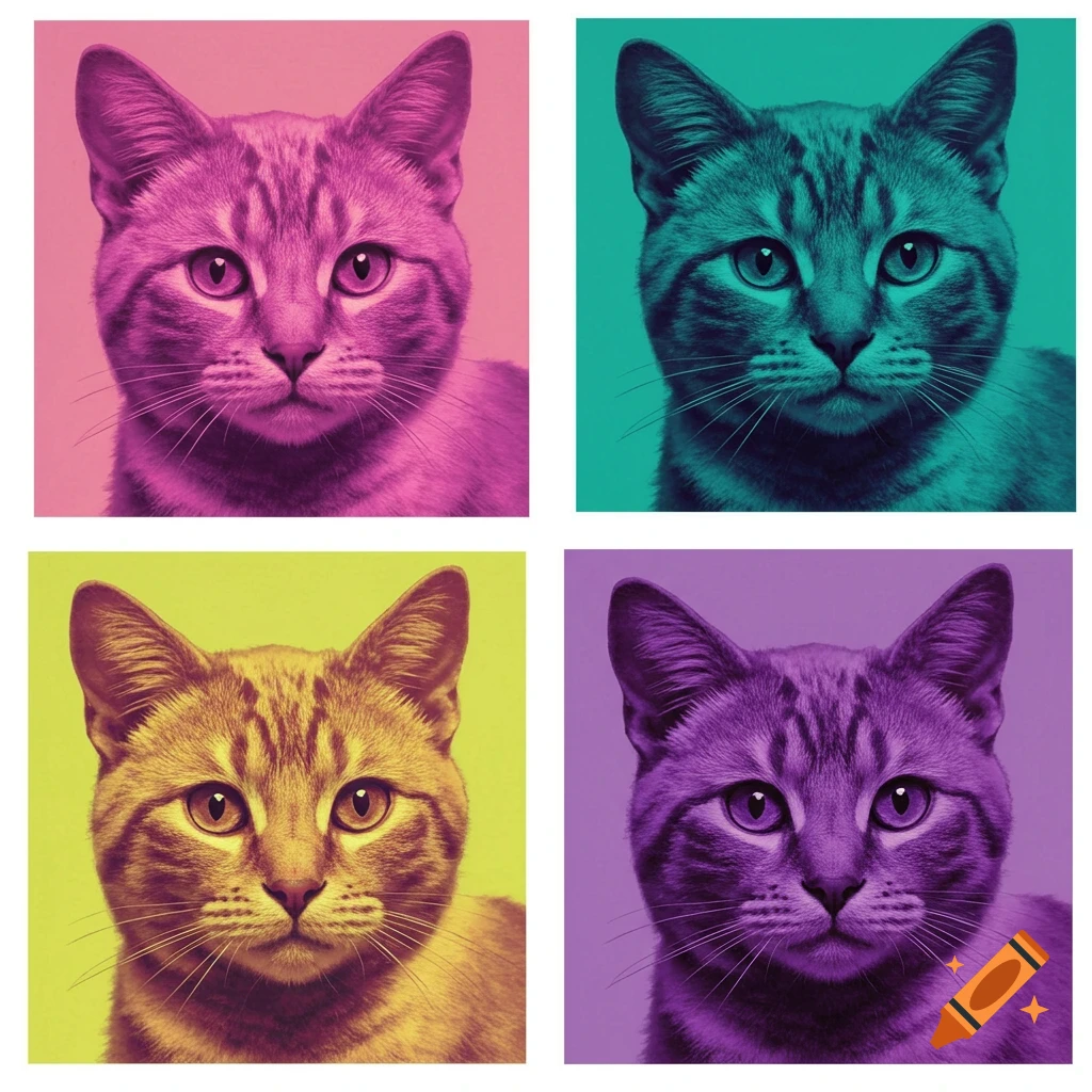Four pop art portraits of a cat in different vibrant color schemes, reminiscent of Andy Warhol's style.