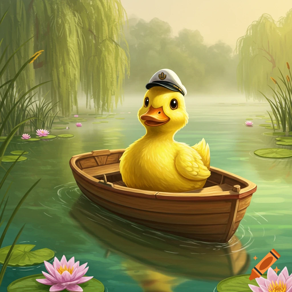 A cute cartoon yellow duck wearing a captain's hat sits in a wooden boat on a pond with lily pads and water lilies, surrounded by willow trees.