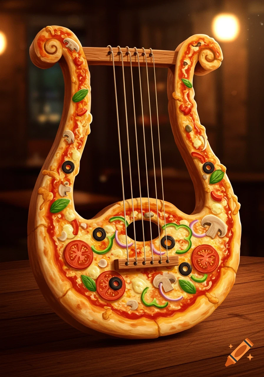 A lyre-shaped musical instrument crafted entirely from a delicious pizza, topped with olives, mushrooms, peppers, and basil, on a wooden table.