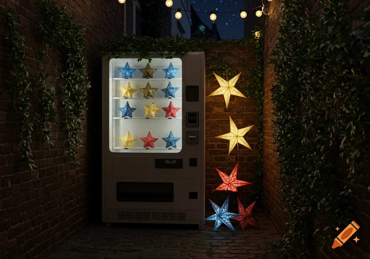 A vending machine full of colorful paper stars in a dark, ivy-covered alley at night, illuminated by hanging star lights and string lights.