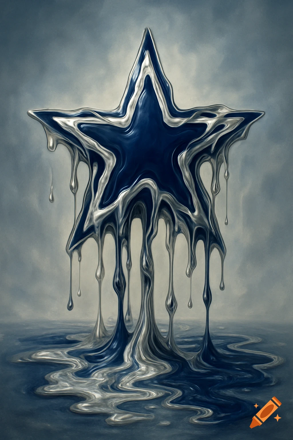 A stylized blue and silver star, resembling the Dallas Cowboys logo, melting into a liquid puddle.