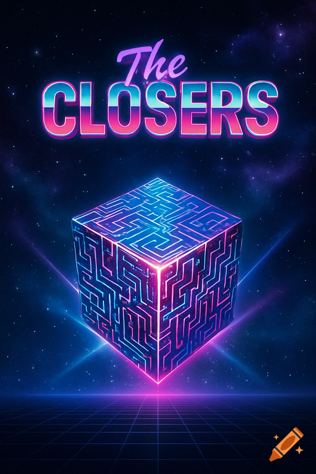 A retro-futuristic image with neon text 'The CLOSERS' above a glowing labyrinthine cube in a starry space with a grid floor.