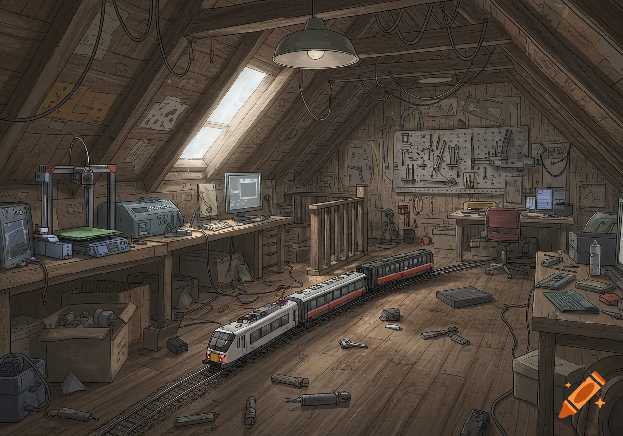 A detailed illustration of a messy attic workshop with a model train on tracks, a 3D printer, tools, and computers.