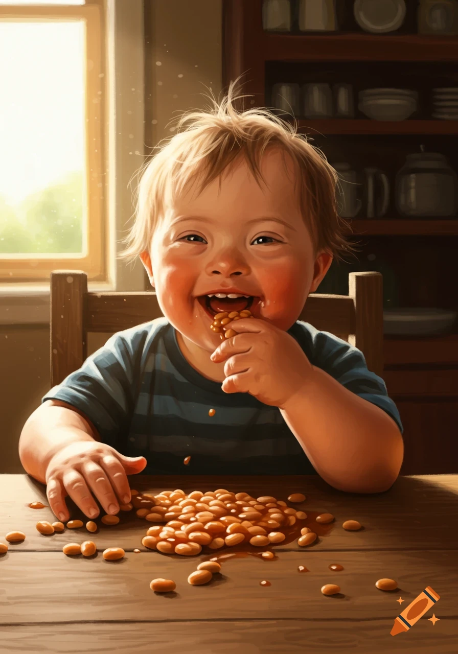 Happy Down syndrome toddler gleefully eats baked beans with hands at a wooden table in a sunlit room, realistic style.