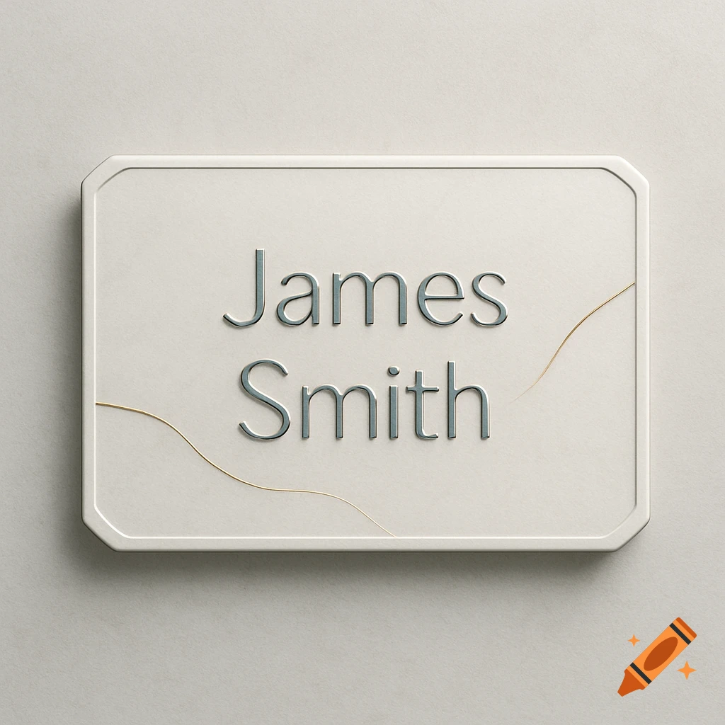 A beige name tag with the name "James Smith" embossed in metallic gray, accented by thin gold wavy lines.