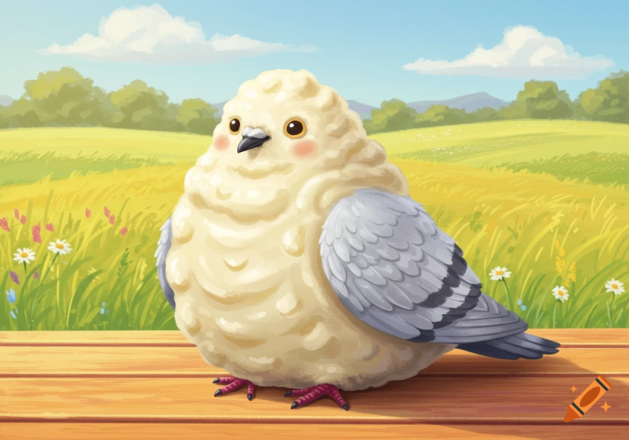 A fluffy, round, creamy-yellow mashed potato-pigeon hybrid with gray wings and pink cheeks sits on a wooden bench in a sunny field.