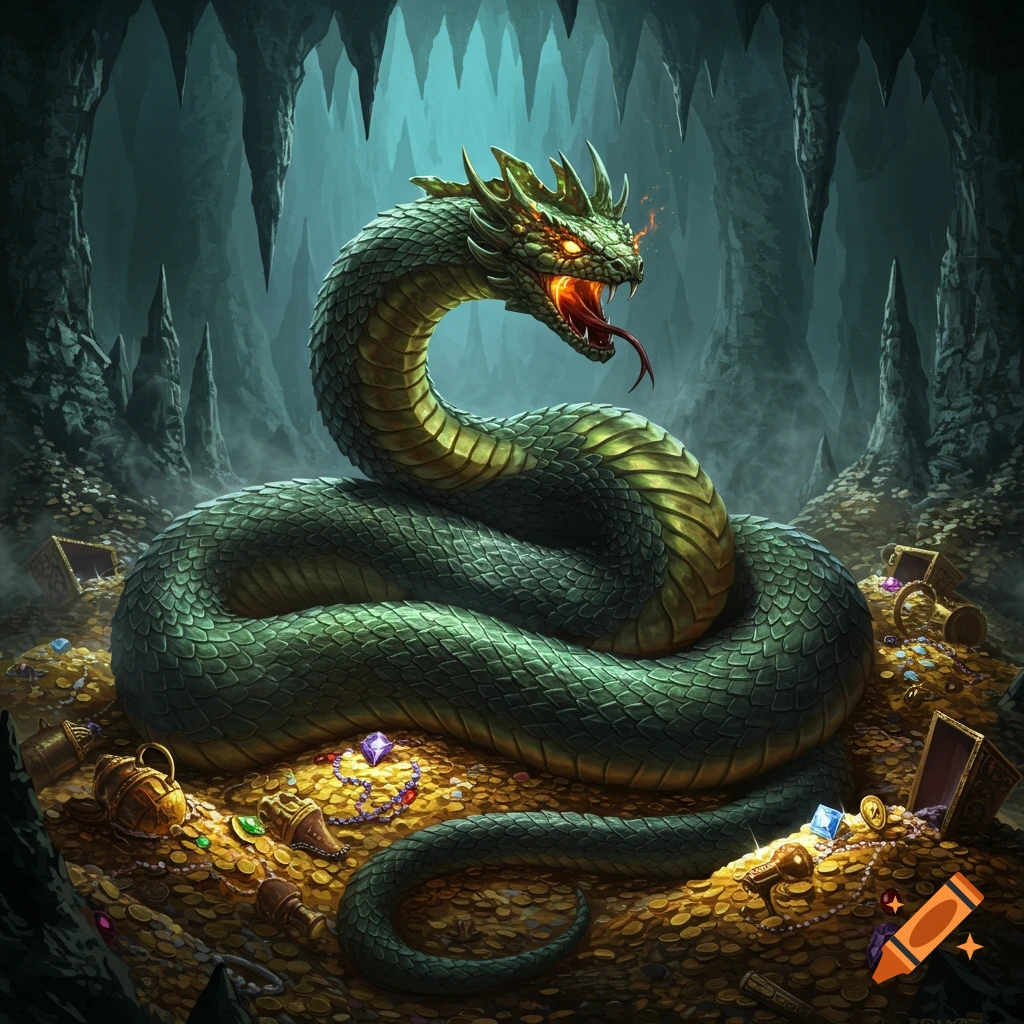 A majestic green basilisk with glowing orange eyes is coiled on a huge pile of gold coins and jewels in a dark, mysterious cave.