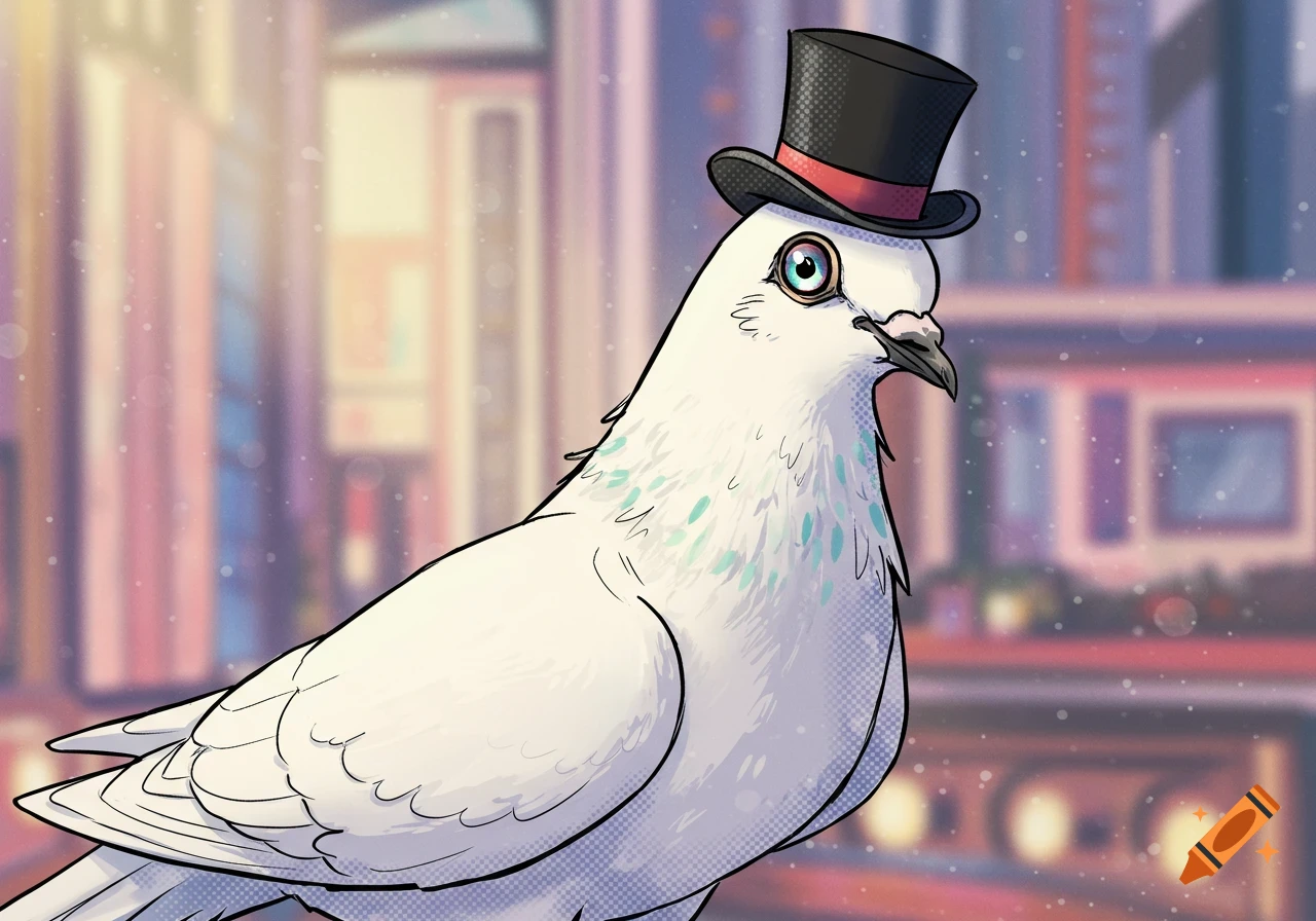 A white pigeon wearing a black top hat, in a comic illustration style, with a blurred city background.