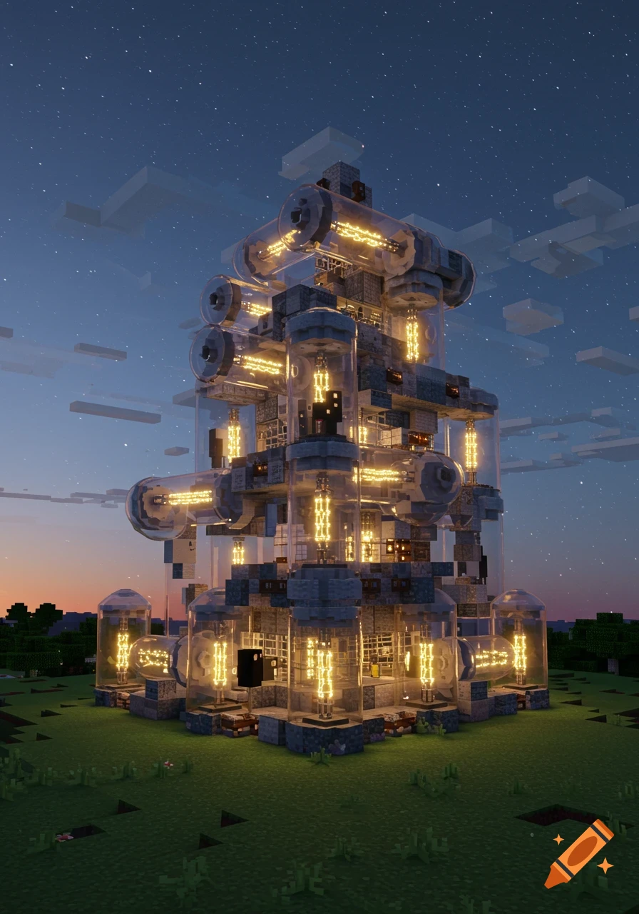 A blocky, Minecraft-style vacuum tube house glows with yellow light under a starry twilight sky.