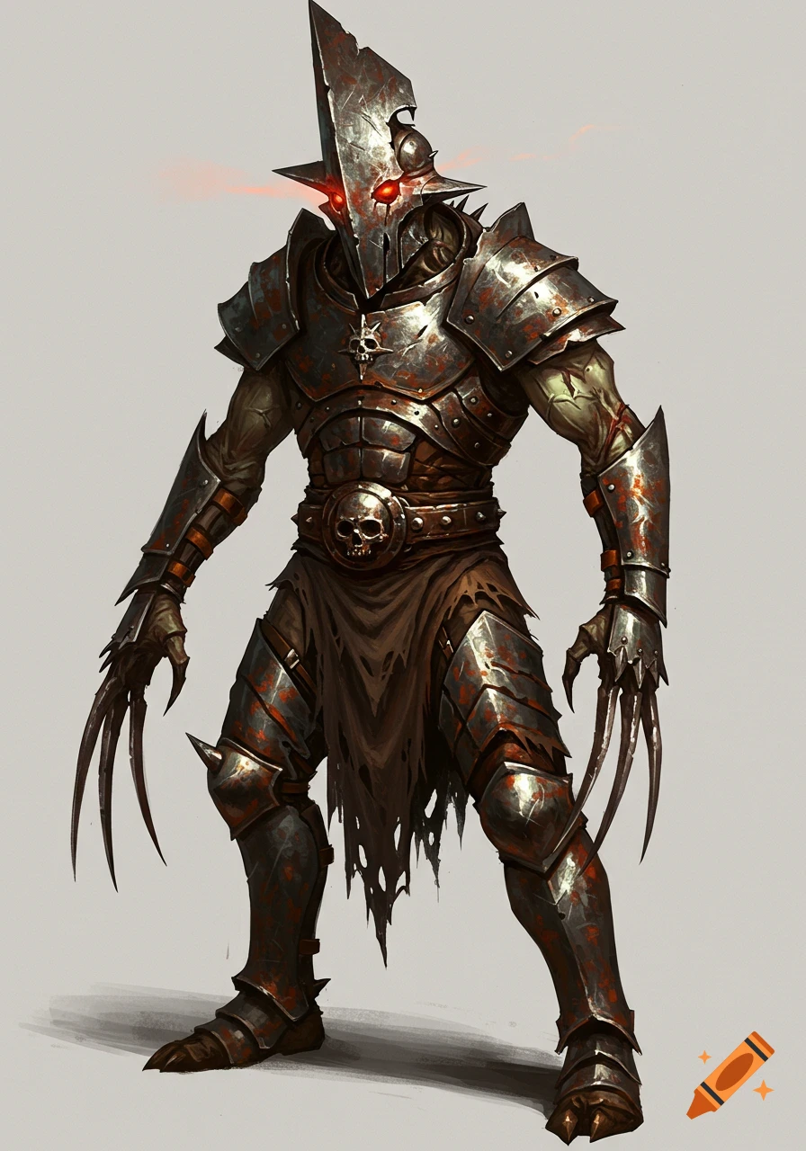 A standing armored mutant with a sharp, triangular metal helmet, glowing red eyes, long claws, rusted armor, and a torn tunic against a plain background.
