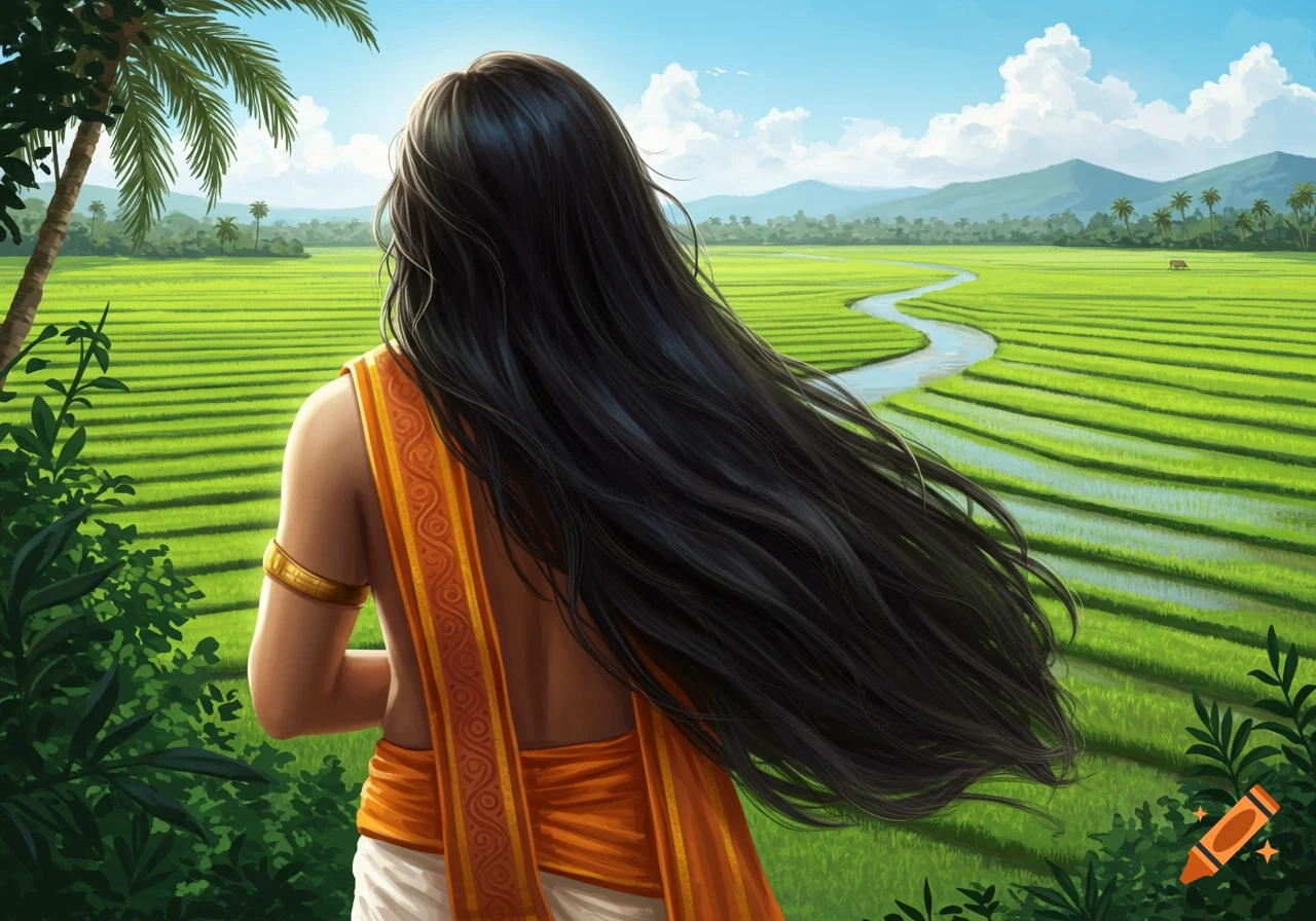 Illustration of a person with long black hair in traditional attire, back to viewer, overlooking green rice paddies and a river.