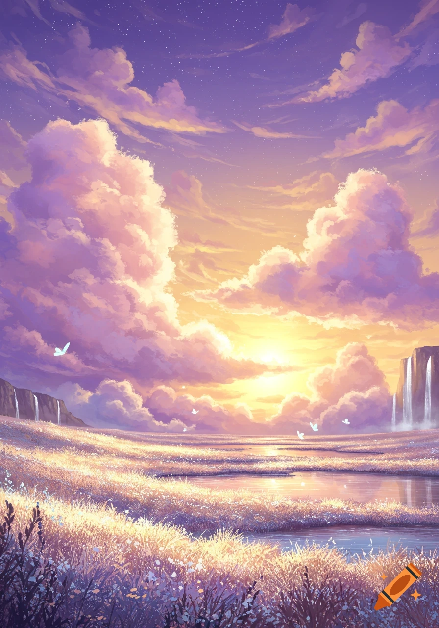 A magical fantasy landscape with a violet and gold sky, fluffy clouds, shimmering silver grass, and waterfalls. Glowing butterflies flutter.
