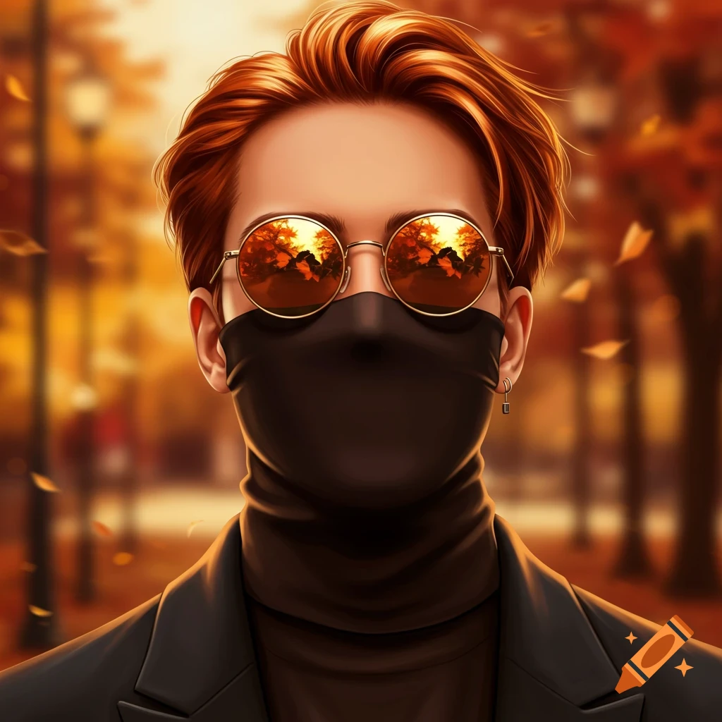 A digital illustration of a man with copper hair, round sunglasses reflecting autumn trees, a black mask, turtleneck, and jacket in an autumn park.