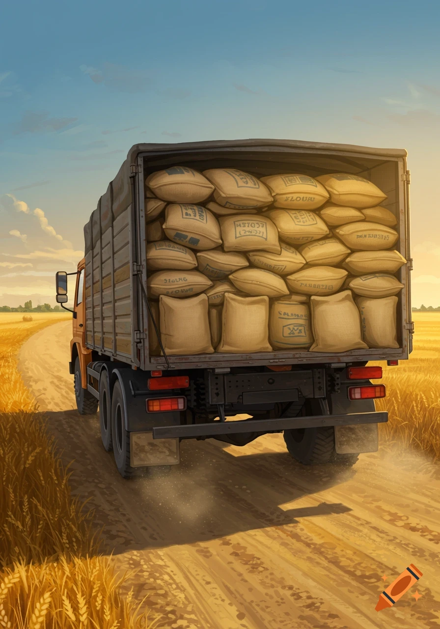 An illustration of the back of an orange truck filled with burlap sacks of flour, driving down a dirt road through golden wheat fields at sunset.