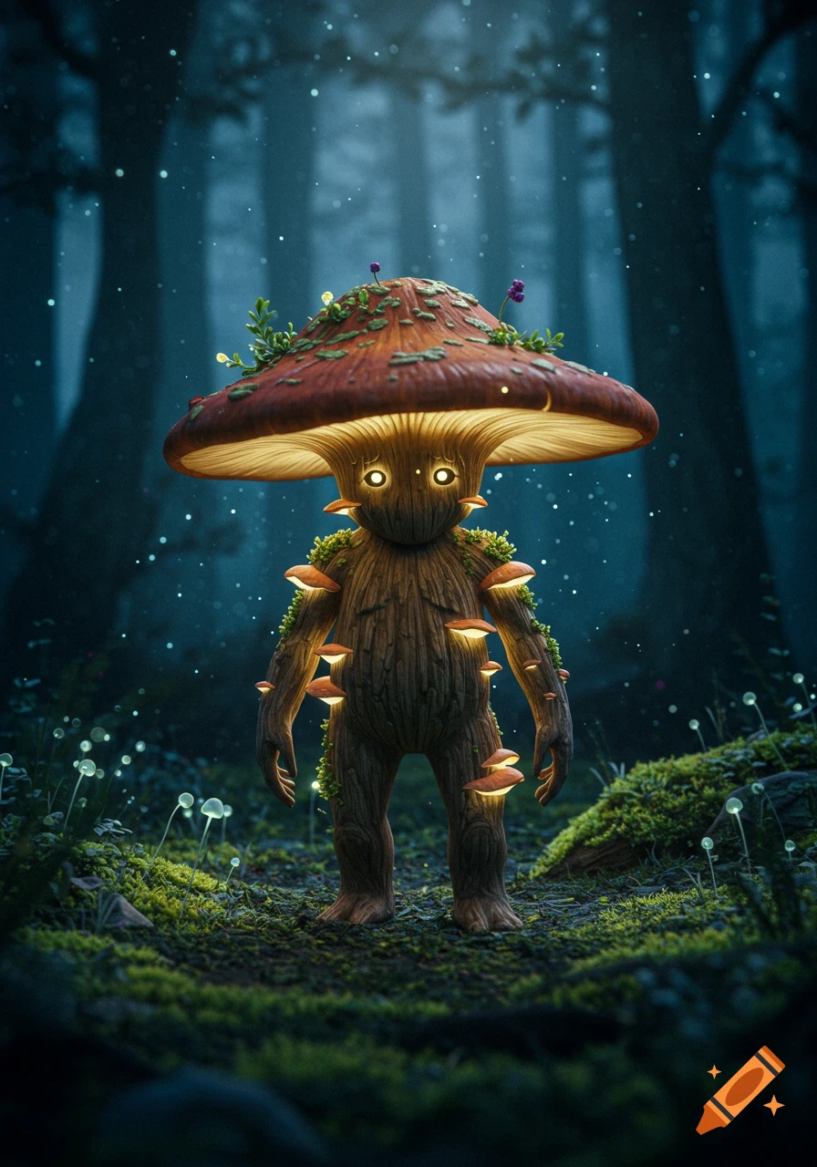 A whimsical glowing mushroom creature with a large cap and bark-like body stands in a magical dark forest.