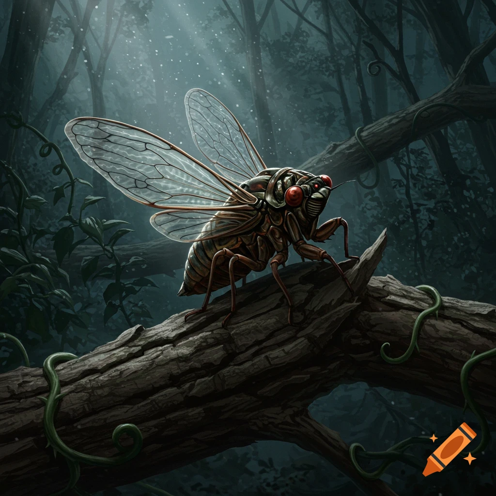 A detailed, atmospheric illustration of a large cicada with red eyes perched on a gnarled tree branch in a misty, dark forest.
