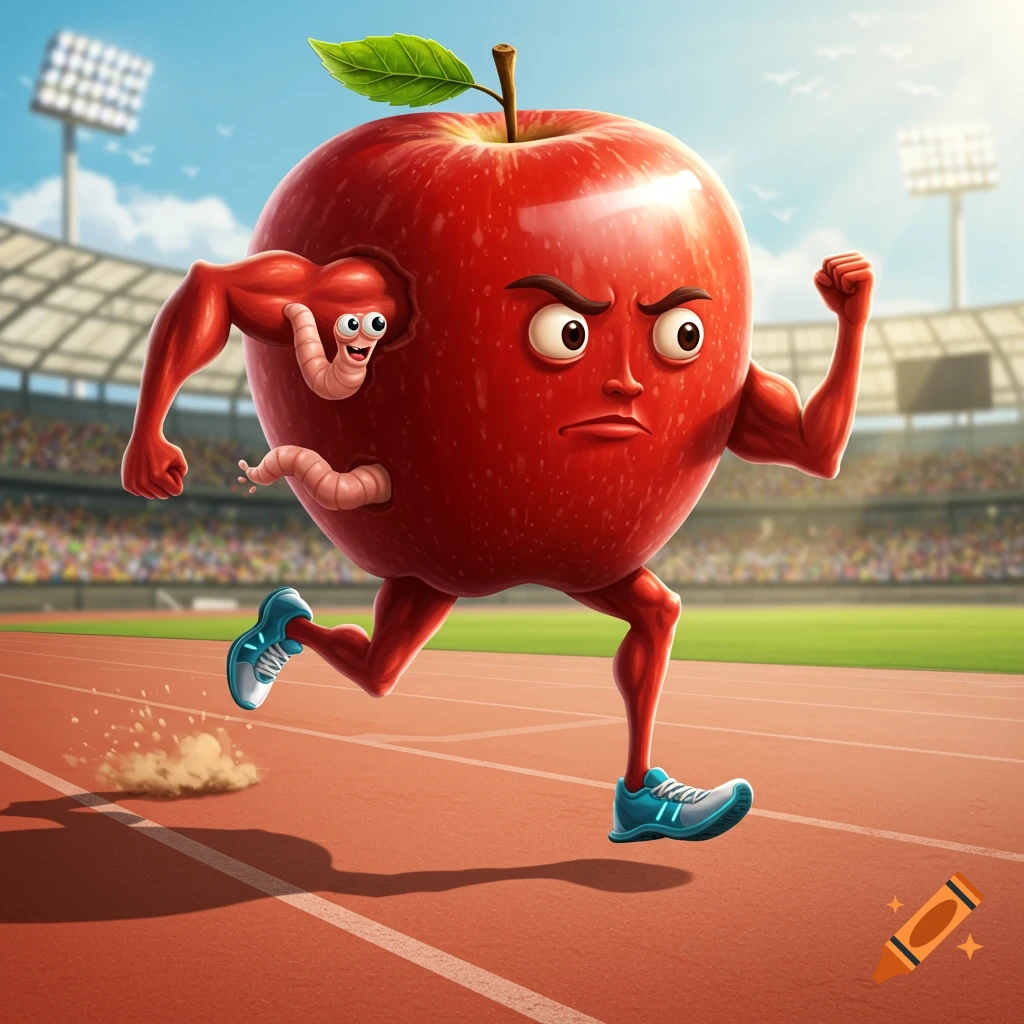 A determined, muscular cartoon red apple with a worm emerging from its side runs on a track in a stadium.