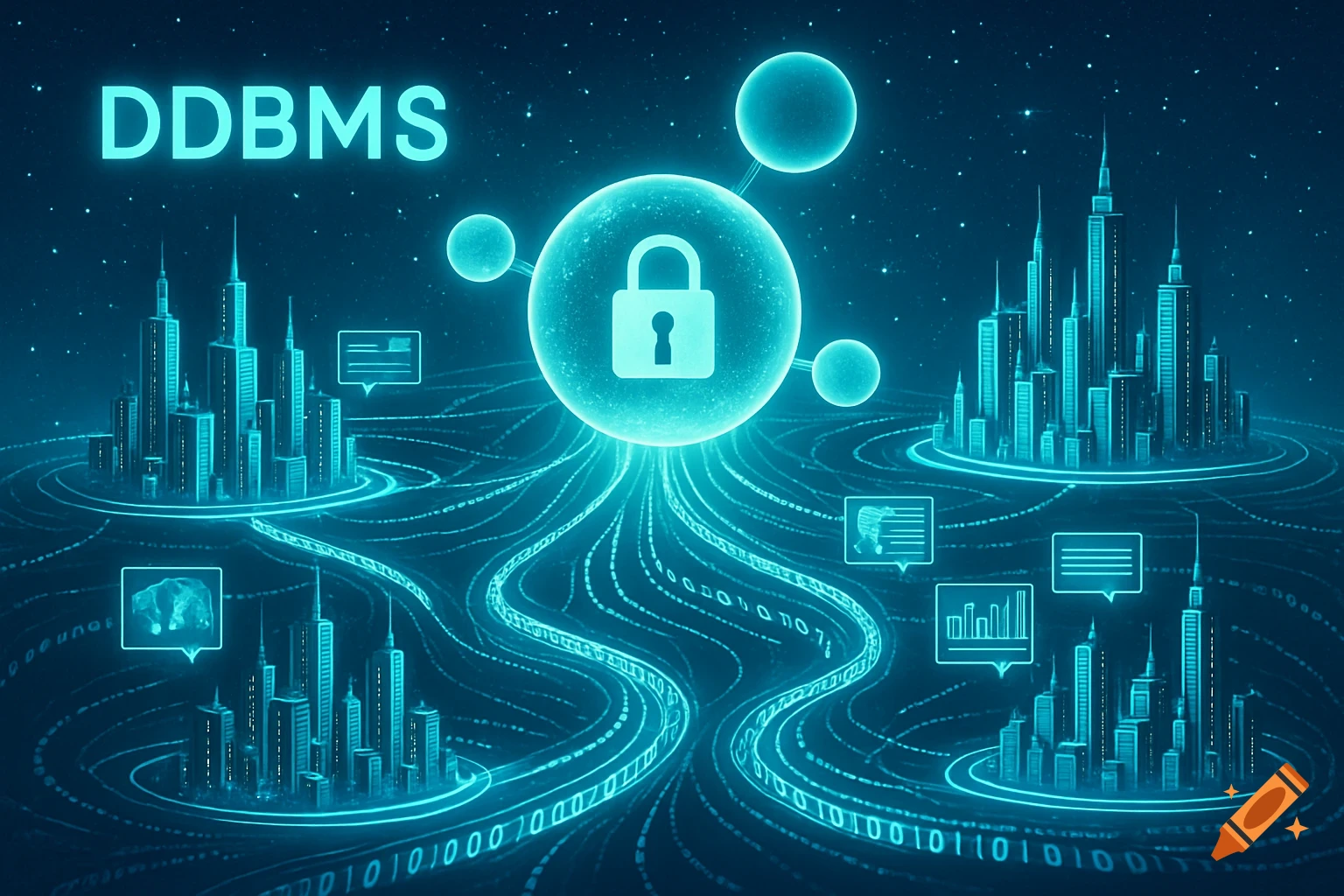 Conceptual digital art of 'DDBMS' with a central glowing padlock orb connecting data streams to multiple floating cityscapes in a starry, blue-hued digital space.