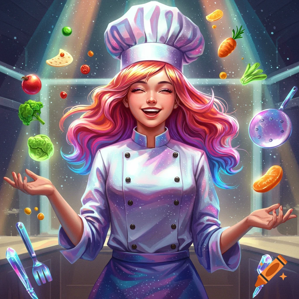 A vibrant, anime-style female chef with rainbow hair smiles while floating ingredients and glowing utensils surround her in a magical kitchen.
