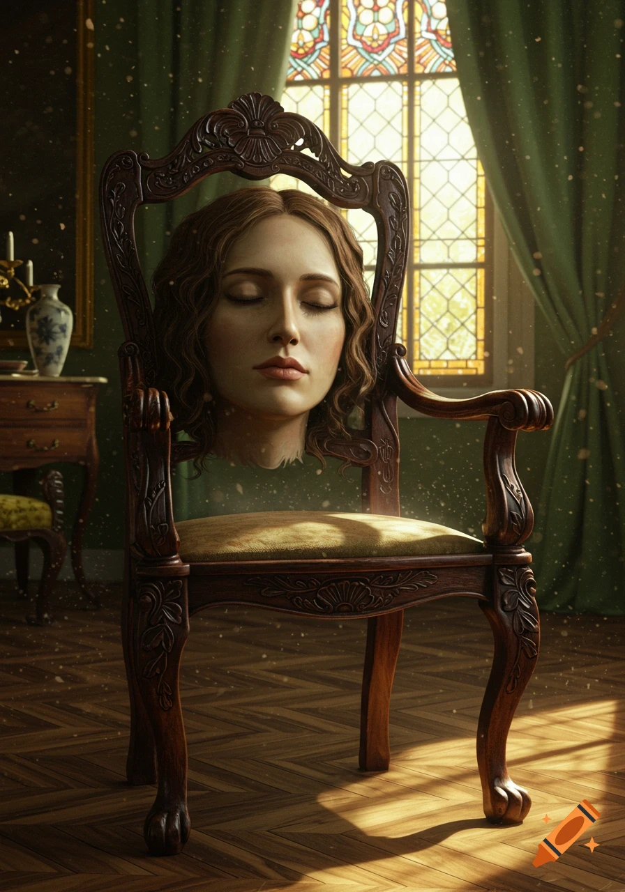 A woman's serene disembodied head floats above an ornate wooden chair in a sunlit room with a stained glass window.