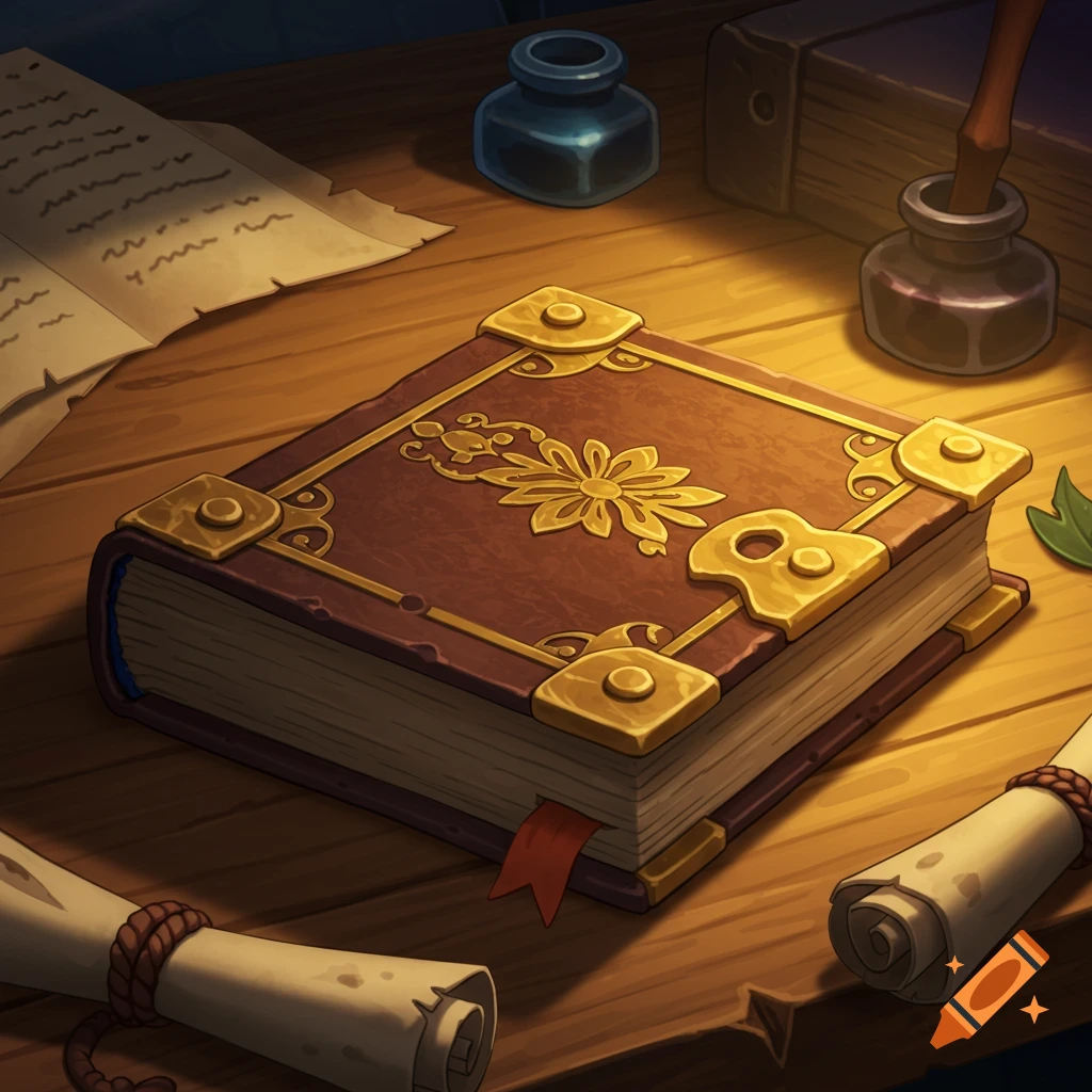 Ornate closed medieval book on a wooden table with inkwells, papers, and scrolls in a casual game graphic style.