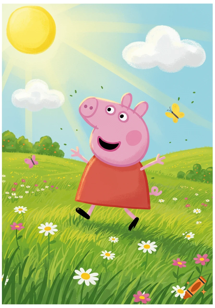 Peppa Pig skips happily through a sunny green field filled with daisies, pink flowers, and butterflies, under a blue sky with white clouds.