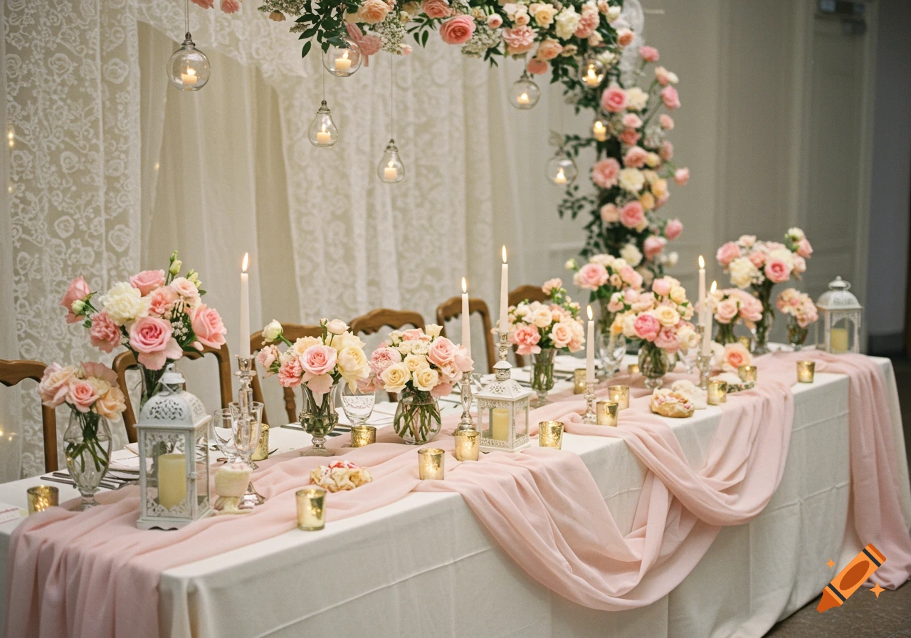 Elegant wedding head table decor featuring pink and pastel floral arrangements, candles, and sheer drapes.