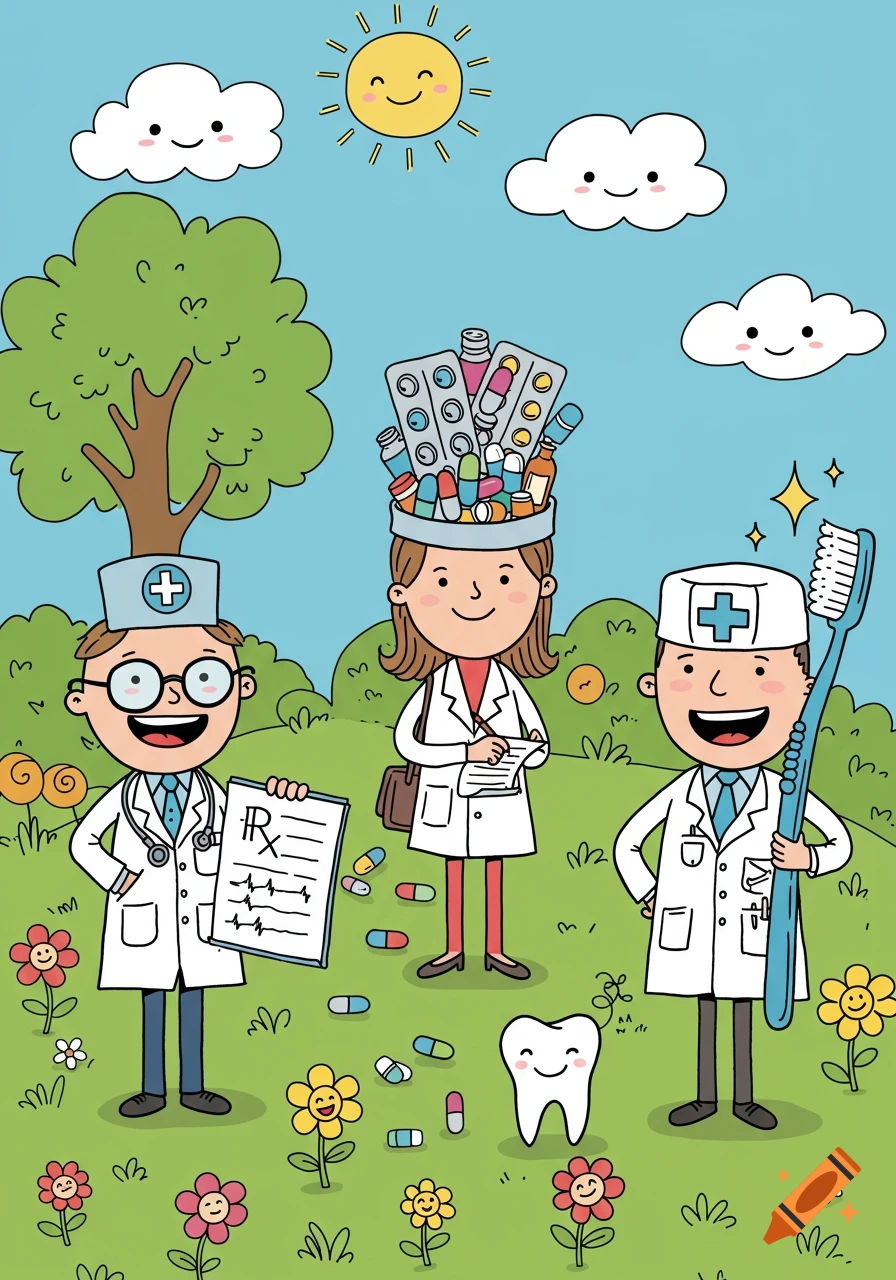 A cheerful, child-like cartoon showing a doctor, pharmacist, and dentist in a sunny field with flowers, pills, and a smiling tooth.