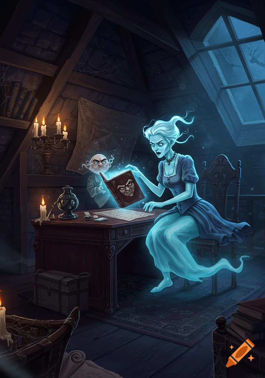 A ghostly woman reads an enchanted book with a grumpy face in a dimly lit attic while a smaller ghost looks over her shoulder, in a dark fantasy style.