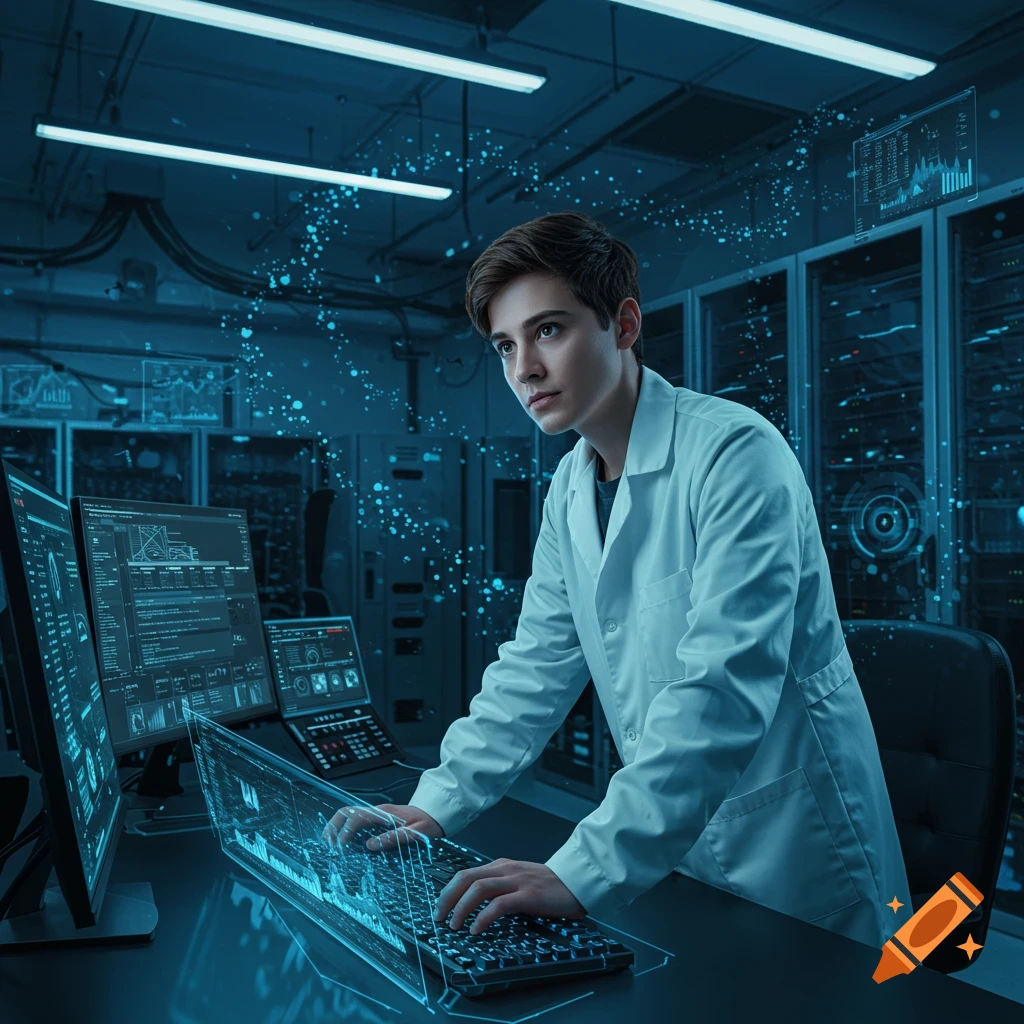 A young computer scientist in a lab coat works at a desk with multiple screens and a holographic keyboard in a blue-lit server room.