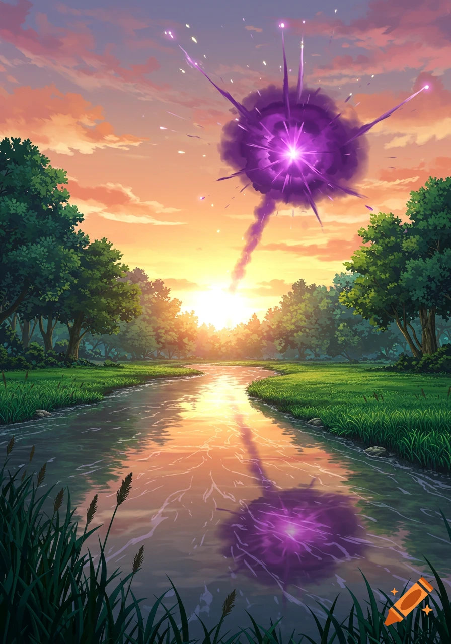 Anime landscape at sunset with a river, green trees, and a large purple energy explosion reflecting in the water.