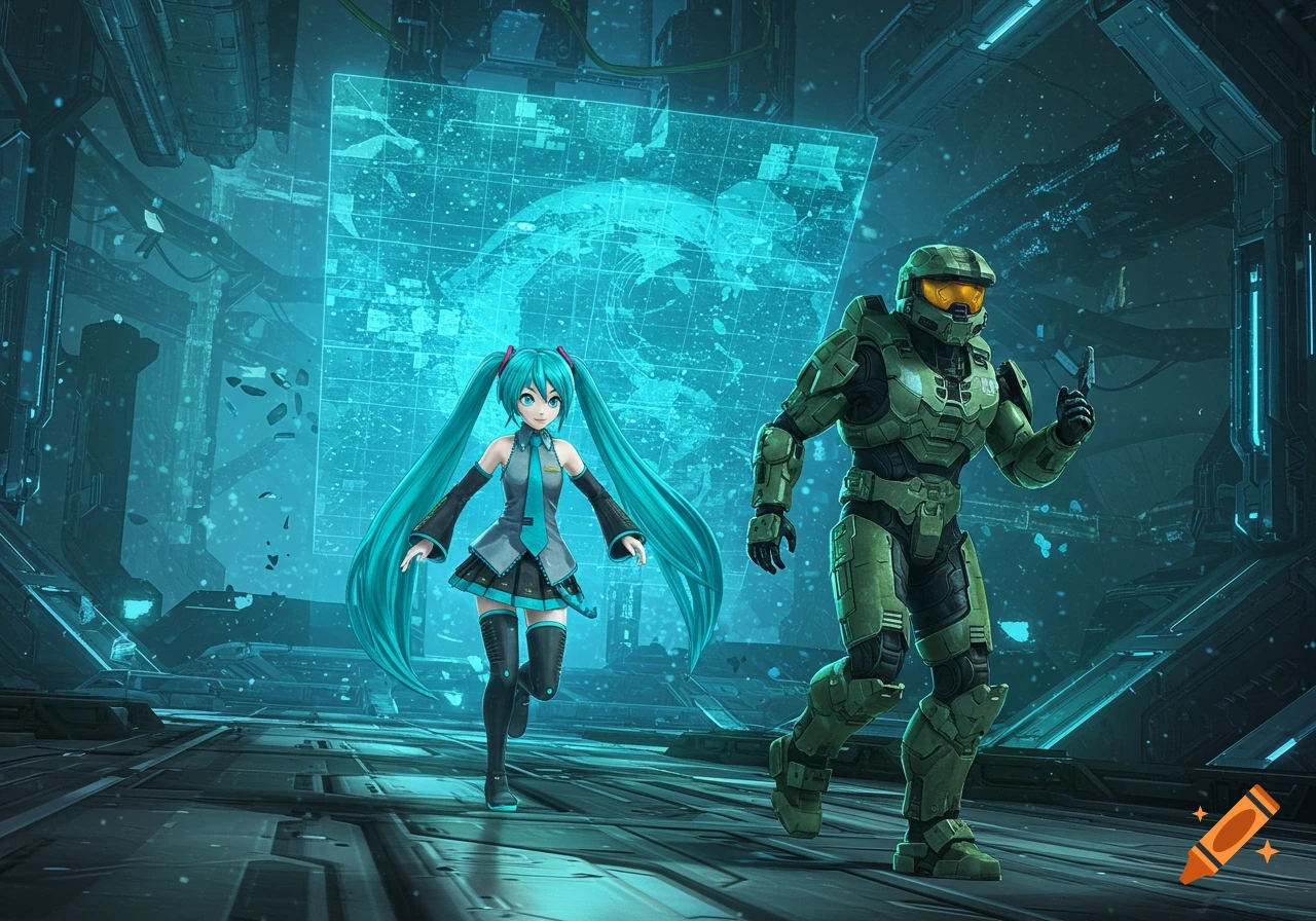 Hatsune Miku and Master Chief run through a futuristic blue-lit sci-fi environment with a holographic grid, detailed digital art.