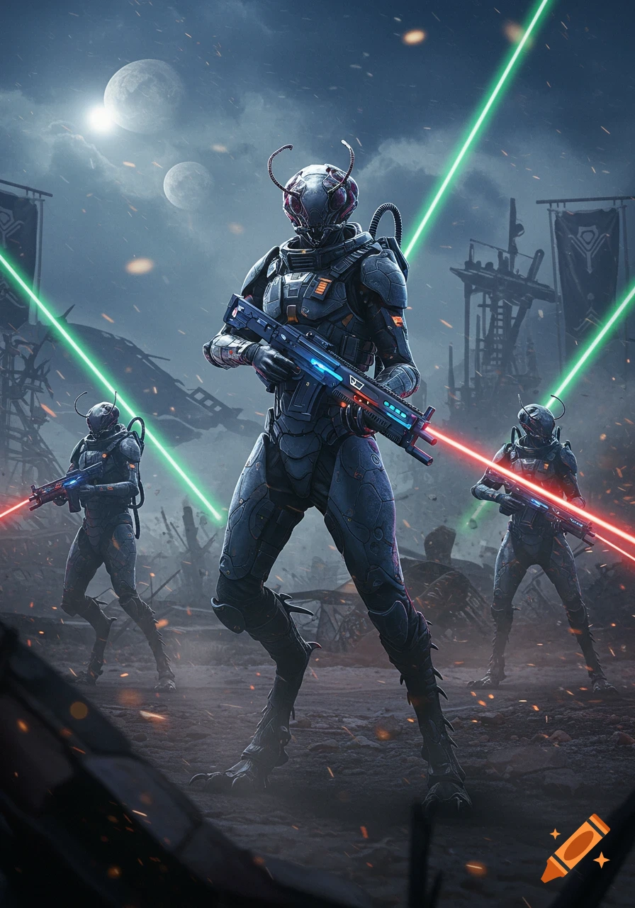 Three photorealistic insectoid alien soldiers in futuristic tactical gear hold laser rifles on a ruined battlefield under multiple moons.