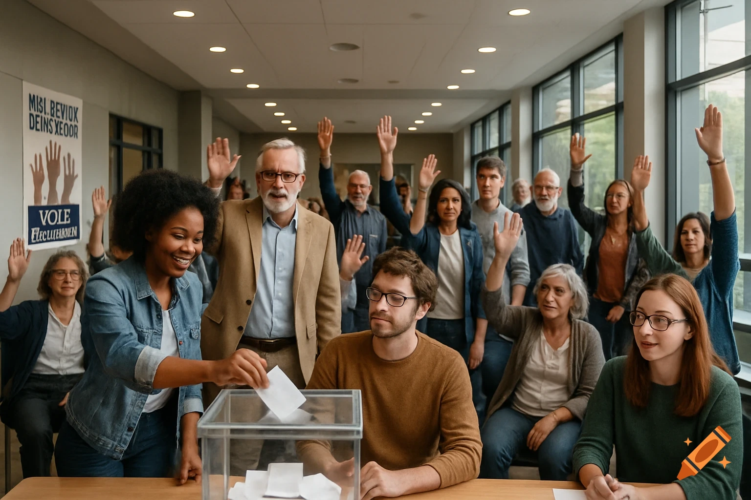 A diverse group of people, including students and faculty, participate in a democratic vote in a bright university hall. Some raise hands, while a woman places a ballot into a clear box. Photorealistic style.