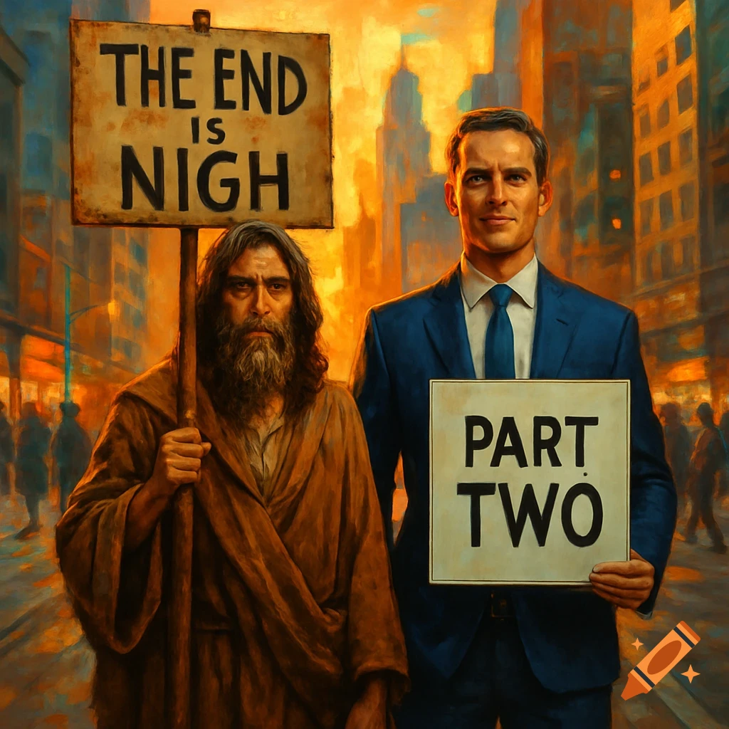 A man in biblical robes holding a 'The End Is Nigh' sign stands next to a man in a suit holding a 'Part Two' sign on a city street at sunset in a painterly style.