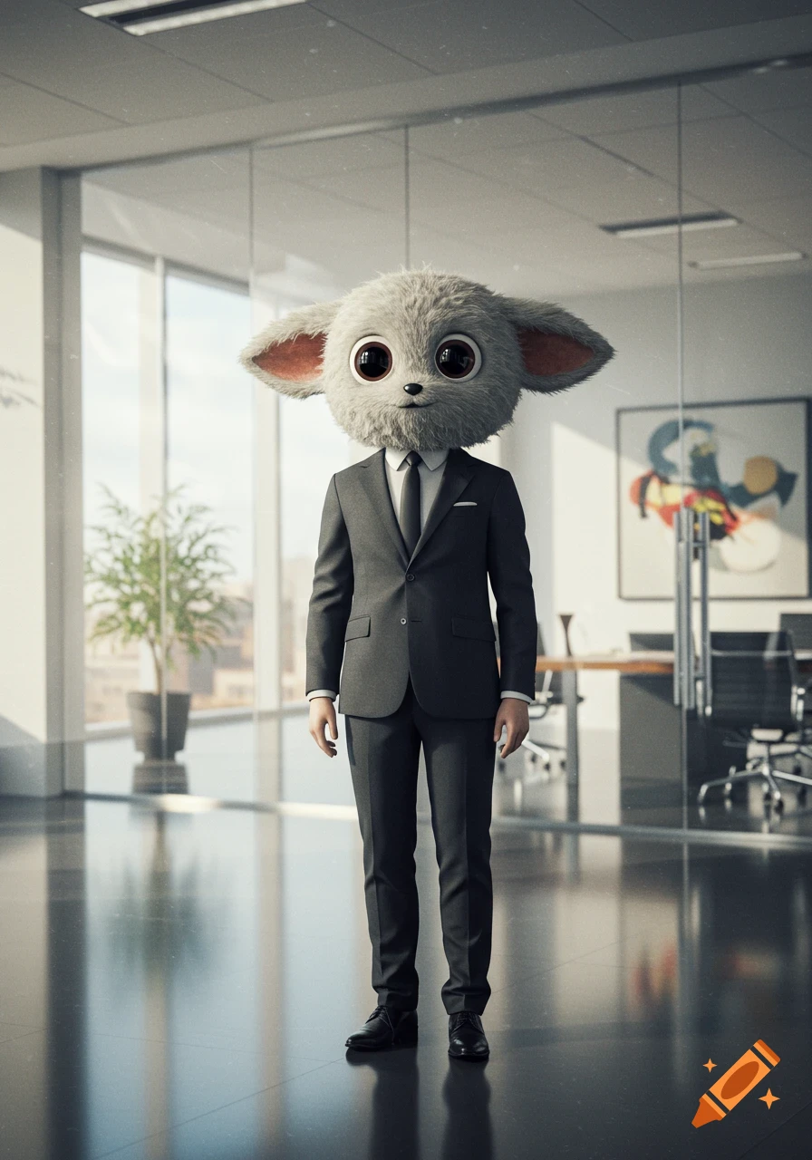 A furry grey creature with big eyes and ears, wearing a dark suit and tie, stands in a modern office.