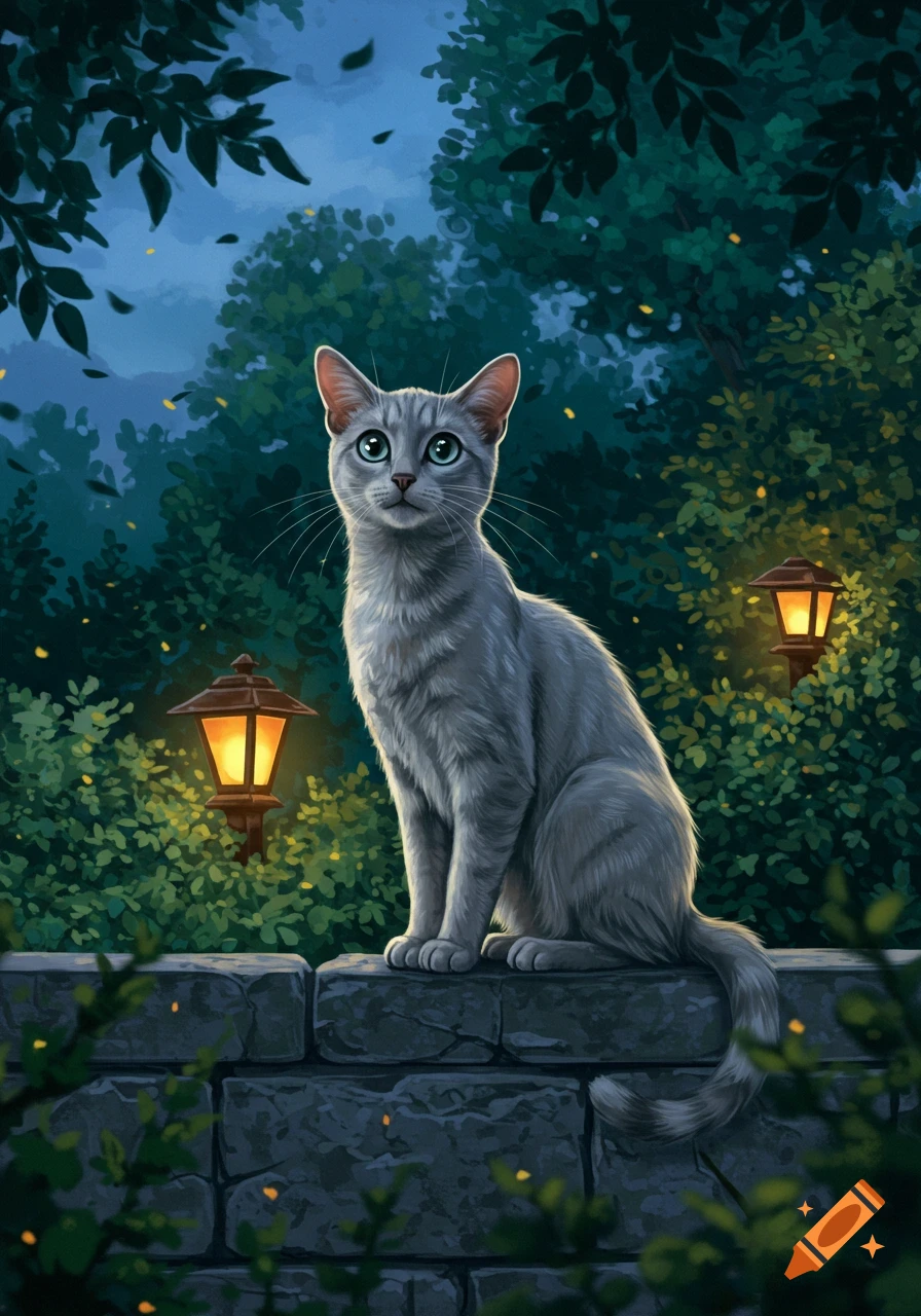 A grey tabby cat with big blue eyes sits alertly on a stone wall at night, surrounded by green foliage, glowing lanterns, and fireflies.