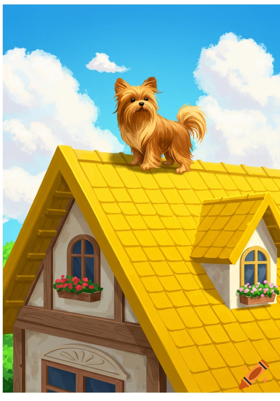 A fluffy brown dog stands on the bright yellow roof of a house with flower boxes under a blue sky with white clouds, in an illustrated style.