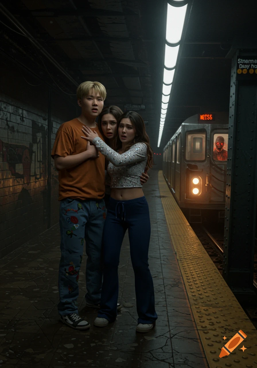 Three terrified teenagers huddle together on a dark, wet subway platform, looking at a monstrous conductor with red eyes in an approaching train, in a photorealistic style.
