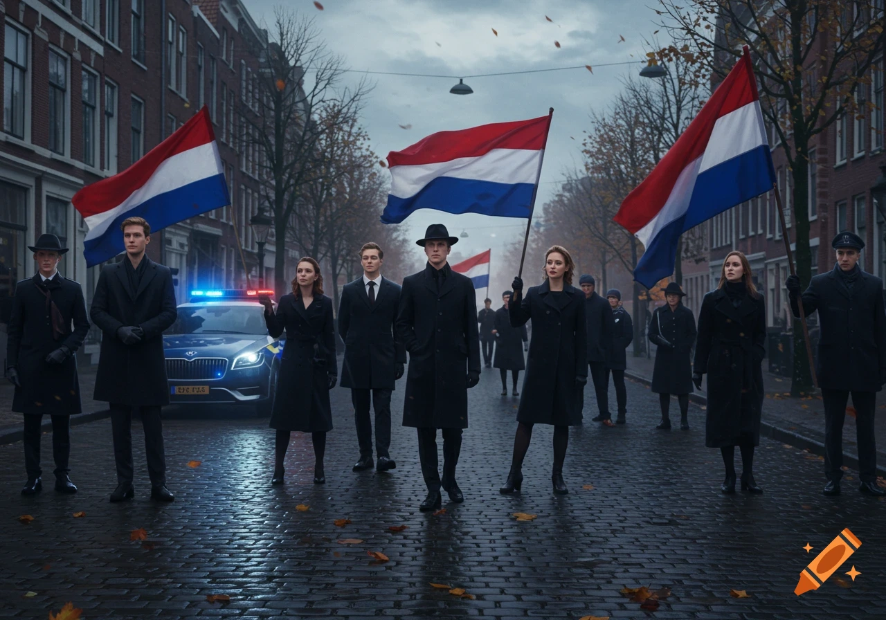 A group of people in black coats stand on a wet cobblestone street holding Dutch flags, with a police car in the background.